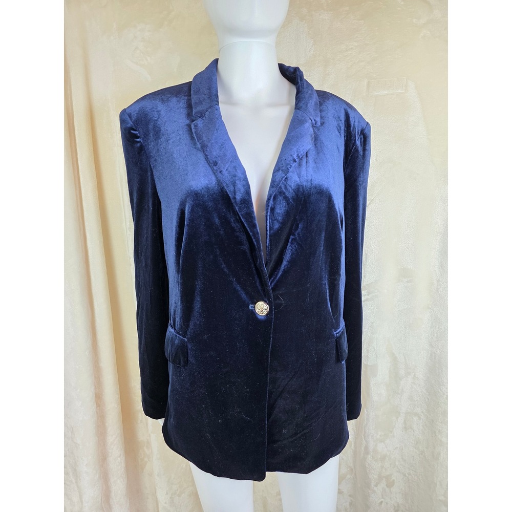 Anthropologie Azel Hazel Haze Navy Blue Velvet Blazer Large Silver‎ Crest Button